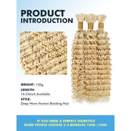 Color 613 Human Braiding Hair for Boho Braids 150g 18 Inch 613 Blonde Brown Curly Boho Hair for Braiding Knotless 12A Deep Wave Bulk Bohemian 3 Bundles/Pack