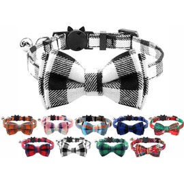 Cat Collar with Bell and Bow Tie, Quick Release Safety Buckle Collars for Kitten and Cats, Soft Tartan Design (Black & White)