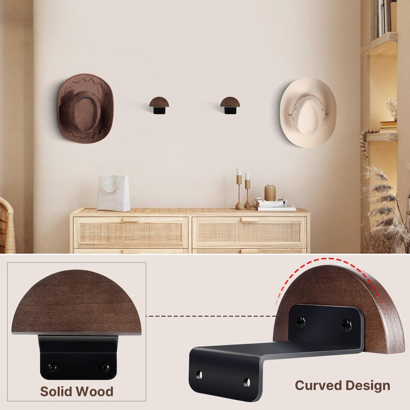 SEKSON Cowboy Hat Rack for Wall, 4 Pack Wooden Hat