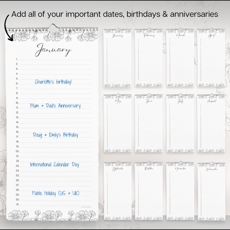 Perpetual Monthly Wall Calendar for Birthdays, Anniversaries & Special Dates