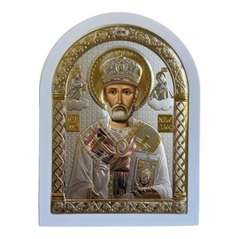 (A-4/003G/B) Silver Canvas Saint Nicholas Byzantine Silver Orthodox Icon/Greek Handmade (White, 8x6)