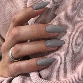 SXVME Dark Grey False Nails Medium, Acrylic Press on Nails Almond Solid Color Full Cover Fake Nails Medium Stiletto Stick on Nails for Women DIY Nail Art 24 Pcs
