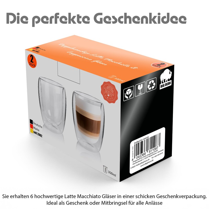 BigDean Pack of 6 Double Walled Latte Macchiato Glasses 300ml