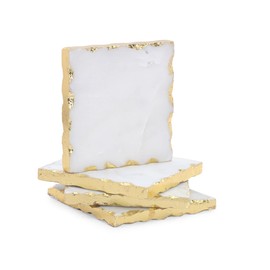 Luxury White Marble Square Coasters Set of 4 with Gold Foil Edges – Natural Stone Drink Coasters for Coffee Table, Elegant Marble Cup Coasters for Home Decor, Absorbent Stone Coaster Set for Drinks