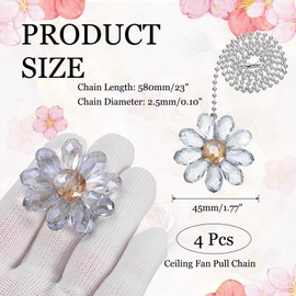 MECCANIXITY 4Pack Ceiling Fan Pull Chain, 24 Inch Decorative Ornaments Crystal Flower Pendant Pull Chain Extender for Ceiling Fans Light Lamp, Light Blue