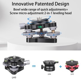 ARTCISE Tripod Leveler Base, Camera Leveler, Aluminum Tripod Headstock with -15°/+15° Tilt, with 3 Spirit Levels and 3 Wheels +/-5 Degree Precision Adjustment, Max Load 10kg