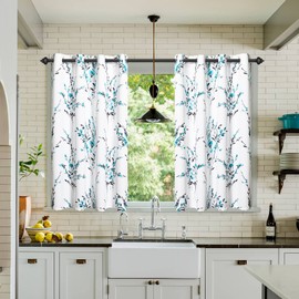 MYSKY HOME Floral Curtains 45 Inches Long for Kitchen Dormer Window Thermal Insulated Light Filtering for Bedroom Grommet Leaf Flower Printed Curtains, 2 Panels, Teal
