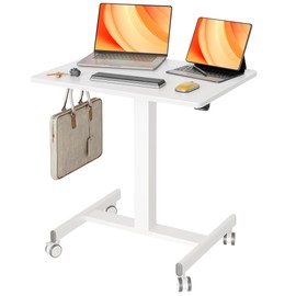Claiks Mobile Standing Desk, Small Rolling Standing Desk with Wheels, Pneumatic Mobile Adjustable Desk Workstation for Home Office with Hook, White