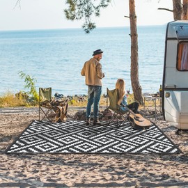 GENIMO 5x8 Outdoor Rug Waterproof, Reversible Mats, Outdoor Area Rug, Plastic Outside Carpet, Geometric Rv Mat for Patio Camping Rv Picnic Backyard Deck Balcony Porch Beach (Black & White)