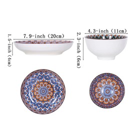 6 Pcs Ceramic Dinnerware Set, 4 Pcs Ceramic Rice Bowls and 2 Pcs Plates, Bohemian Style Colorful Bowl Gift Set, Pasta Bowls, Housewarming Gift (Style 1)