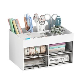 BOJVESH Desk Organiser with 4 Drawers, Space Saving Desk Organiser Drawers with 4 Compartments, Office Multifunctional Desk Table Organiser, Tidy Stationery Storage Box for Office Home School (White)