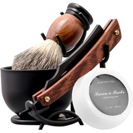 Grandslam - Kit de afeitar recto para afeitar, de acero con punta de piel, cepillo para polvo de afeitar, tazón y soporte de acero inoxidable, jabón de afeitar, regalo para hombres