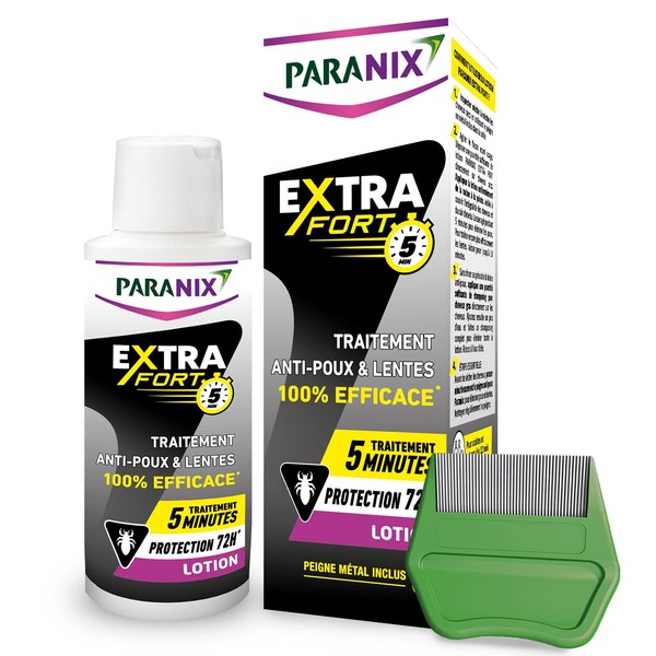 Paranix Extra Strong 5 Minutes - 100% Effective Lotion Against Lice and Nits * 2 in 1: Treated and Protects - 100ml - Fine Metal Comb Included