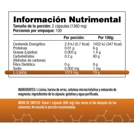L-Lisina - 1074 mg por Porcin (2 al Da) Aminocido Esencial - 200 Cpsulas - SV - Sin Gluten y Sin OMG.                                                 