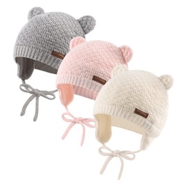 XIAOHAWANG Baby Winter Hat Boys Girls Warm Knitted Hats Soft Cotton Lining with Cute Bear Ears Winter Baby Hat, White + pink + grey