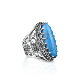 Filigranist 925 Sterling Silver Handcrafted Filigree Art Turquoise Gemstone Women Oval Boho Statement Ring with Gemstones (12.5, Turquoise)