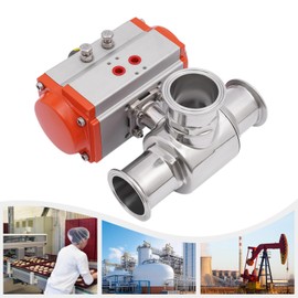 2" Pneumatic 3-way Ball Valve, Sanitary 3 way T Port Tri-Clamp Quick Release Ball Valve, Double Actuator Stainless Steel standard G1/4'' Thread PTFE Sealing w/ 3 Plastic Caps for Pipeline System
