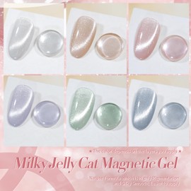 Born Pretty Born Pretty Cat Magnetic Eye Gel Nail Polish, Holographic Glitter Milky Jelly Cat Magnetic Gel Pastel Blue Green Purple Pink Nude Silver Nail Art Gel Manicure Salon DIY Gifts 7ML 6PCS