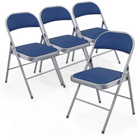 Bonnlo Folding Chair, Padded Folding Chairs with Cushion, Back and Steel Frame for Indoor Outdoor Outside Dinning Office Camping Use, Blue, 4 Pack