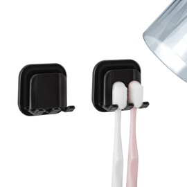 2 PCS Self-Adhesive Toothbrush Holders Wall Mounted, Water Proof Toothbrush Hook, 2 in 1 with Toothbrush Hanger and Gargle Cup Holder for Bathroom Shower (Black)