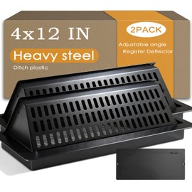 4x12 Floor Register and Vent Deflector Combo, Solid Steel 2-in-1 Floor Vent Cover, Tool-Free Drop-in Fit, Adjustable for Draft-Free Comfort, Matte Black Air Vent for Home Floor, 2 Pack