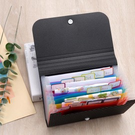 Document Expanding Folder, Pack of 2 Organiser with 13 Compartments, A6 Accordion File Folder for Vouchers, Bills, Cards and Certificates (Black)