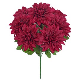 Hollyone Red Artificial Dahlia Flowers Bush Fake Fall Flowers Artificial for Decoration Outdoor Indoor 7 Heads Silk Faux Dahlias Flower Bouquets Arrangements Centerpieces Fall Decorations for Home