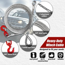YATOINTO Galvanized Steel Winch Cable, 3/8" Towing Cable Heavy Duty, 10582LBS Breaking Strength, with Swivel Hook 1T and 2 Aluminum Rings, 6x19 Strand Core Steel Cable for Crane Tow Truck (50 FT)
