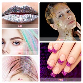 Body Glitter Gel, Vegena 5 Bottles Glitter Face, Chunky Glitter, Make-Up Carnival Face Glitters for Cosmetics, Face, Hair, Lips, Nails, Festival, Party Make-Up (White + Silver + Gold + Pink + Green)