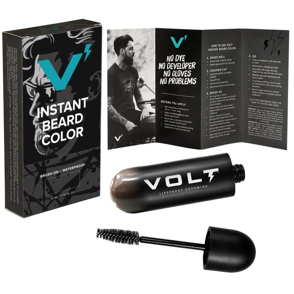 VOLT Grooming Instant Beard Color Single Pack - Smudge and Water Resistant Quick Drying Brush on Color for Beards, Mustaches & Eyebrows - 0.35 Fl Oz (10 ml), Bark (Dark Brown)