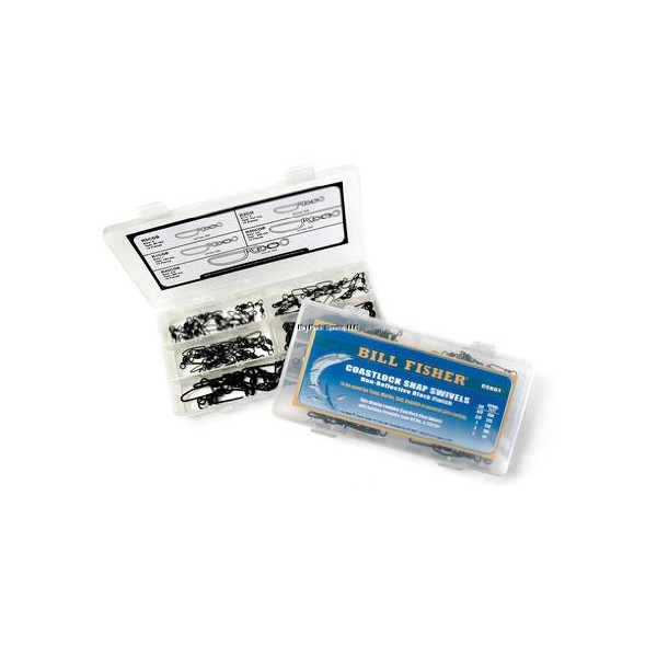 Billfisher Coastlock Snap Swivel Kit | 60 Quality Snap Swivels | 90-225 lbs Holding Strength | Non-Reflective Black Finish | Handy Reusable Box | Fishing Tackle Box Swivel Kit