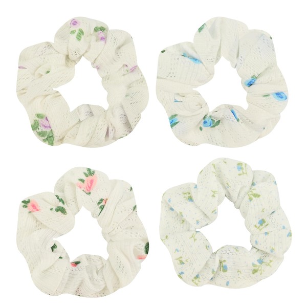 Pack of 4 White Cotton Rubber Bands Elastic Scrunchies Retro Fresh Floral Pattern Hair Bands Ponytail Holder Hairband for Women Girls Ladies (Pink, Blue, Purple, Light Blue) (Rose)