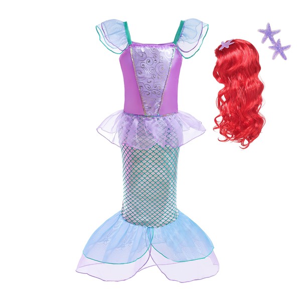 Lito Angels Mermaid Princess Ariel Costumes Fancy Party Dress with Hair Wig for Kids Girls Age 5-6 Years Purple