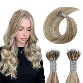 ABH AMAZINGBEAUTY HAIR Nano Bead Hair Extensions Human Hair Nano Tip Remy Hair Extensions Real Human Hair Color #8A Light Brown Mixed with #60 Ash Blonde Hair Extensions 50strands/50g/set 14 Inch
