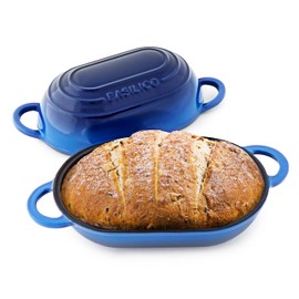 Enameled Cast Iron Bread Oven 2 Qt (Blue), Non-Stick Single Loaf Cast Iron Bread Pan with Lid, Easy Homemade Sourdough Dutch Oven with Lid, Oven-Safe Artisan Bread Baking Pan