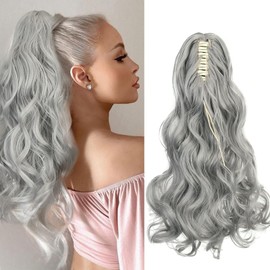 Cybelleza Ponytail Extension with Clip in Ponytail Hairpiece Braid Curly 45 cm Claw Ponytail Hair Extension Like Real Hair Wavy Long Synthetic Hair, Dark Grey