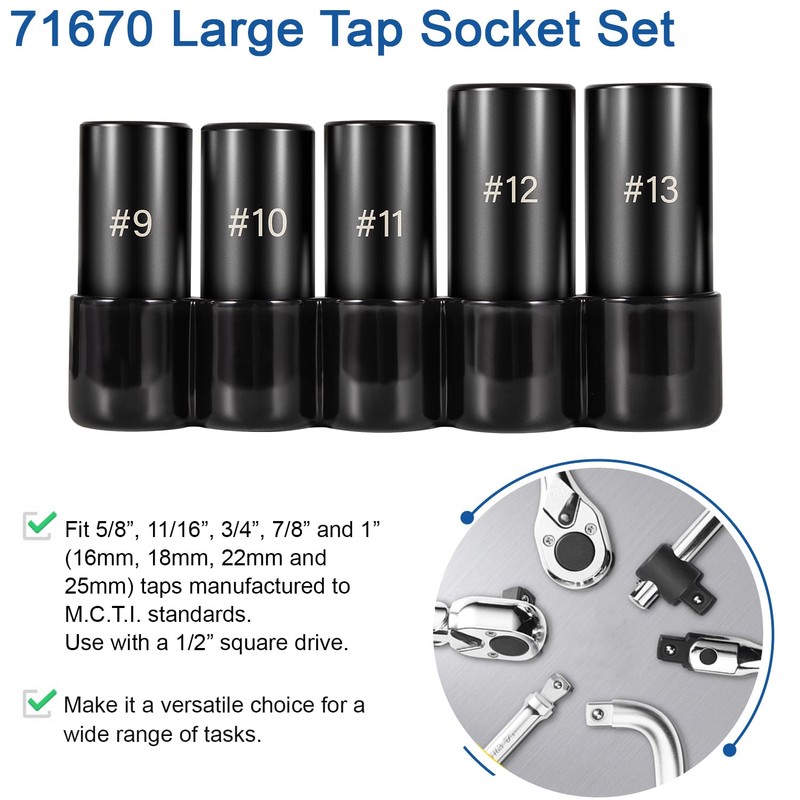 71670 Large Tap Socket Set, Fit 5/8", 11/16", 3/4", 7/8"