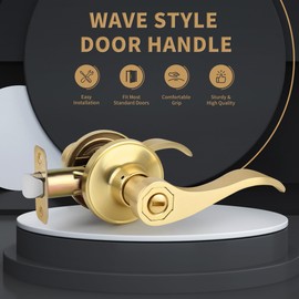 Gaurqiah 5 Pack Wholesale Brushed Gold Privacy Wave Style Door Lever, Keyless Door Handles (Thumb-Turn Button Interior), Interior Door Handle for Bedroom Bathroom, Satin Brass