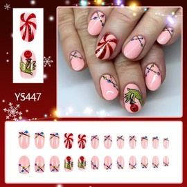 Christmas Press on Nails Short Almond Winter Fake Nails Pink False Nails with Fur Monster Candy Designs Cute Glossy Glue on Nails Full Cover Acrylic Nails Xmas Artificial Nails for Women Girls 24Pcs