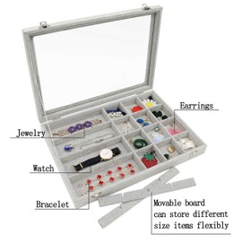 Stratalife Velvet Jewelry Organizer 24 Grid Jewelry Tray with Clear Glass Lid Display Showcase Storage Organizer Box for Earring Necklace Rings Dice Gray (24 Grids)