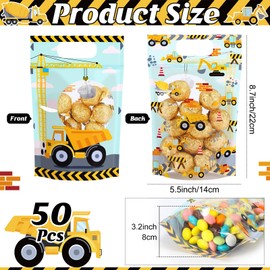 Sweetude 50 Pcs Construction Party Favor Bags Clear Dump Truck Plastic Bag with Handles Resealable Construction Birthday Sealing Pouch for Vehicle Party Baby Shower Candy Gift Wrap Supplies Decor