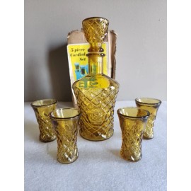 Royal Sealy 5 pc Cordial Set N.I.B. Amber • Decanter with Stopper 4 Shot Glasses