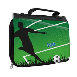 Toiletry Bag with Name Ivo and Football Design with Goal for Boys Toilet Bag with First Name Wash Bag for Children