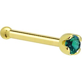 Solid 14k Yellow Gold 1.5mm (0.015 cttw) Genuine Green Diamond Nose Stud Bone 20 Gauge 1/4"