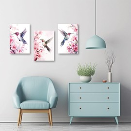 CXHOSTENT 3 Panels Birds Canvas Wall Art Hummingbird and Pink Flower Pictures Watercolor Animals Painting Print Modern Artwork Decor Frame (Hummingbird - 1, 11x14inchx3Pcs)