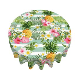 Pineapple Tablecloth Tropical Palm Leaves and Flowers Round Table Cloths Summer Turquoise White Stripes Circular Table Cover Washable Polyester Tabletop for Dining Kitchen Picnic Party Decor 60 Inch
