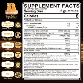 Vitamin D3 5000iu(125mcg) + Vitamin K2(MK7) Gummies with Algae Omega 3 | Maximum Strength Vitamin D3+K2 | for Bone, Teeth, Energy, Immune, Calcium Absorption - Vegan, Sugar Free,120Ct