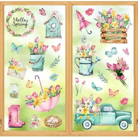 Whaline Whaline 75Pcs Spring Summer Tulip Window Clings Tulip Flower Umbrella Truck Window Stickers Hello Spring Double-Side Glass Decals for Home Office School Party Shop Display Decoration