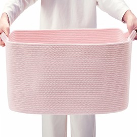 ENAORGAN 75L Extra Large Pink Cotton Rope Storage Basket for Blanket Rectangle Woven Basket for Clothes in Living Room Bedroom for Baby Nursery Kids Toy Box for Girls