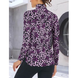 Koscacy Womens Long Sleeve Shirts Plus Size Workout Tops Golf Clothes for Women Loose Fit Polo Quick Dry Bowling Apparel Moisture Wicking V Neck Tops Black Purple XXL